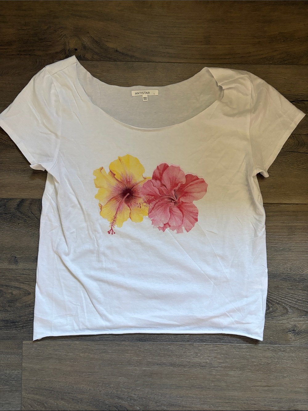 Antistar White Scoop Neck Tee with Yellow & Pink Floral Print